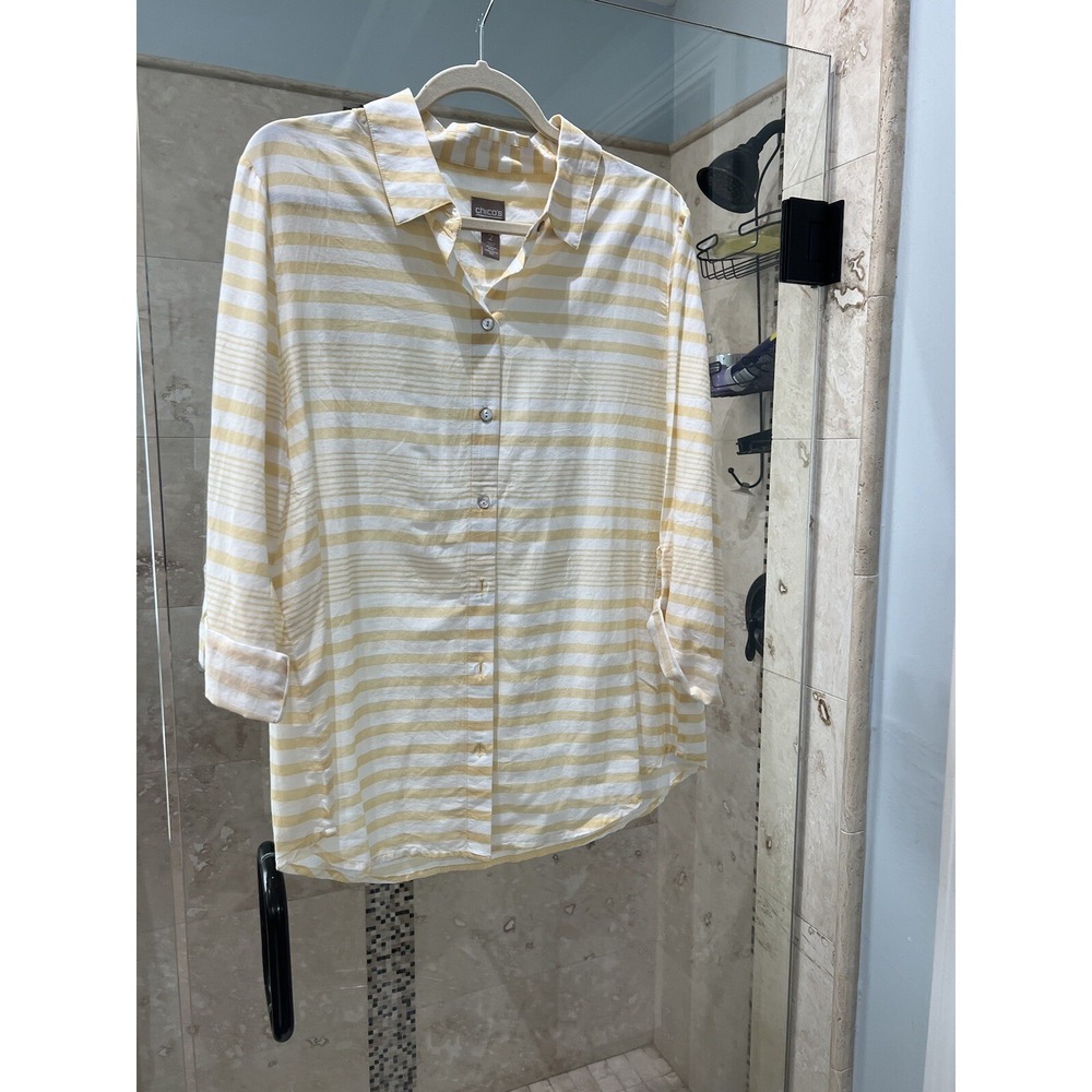 Chico's Tunic Blouse 2 Large White Ivory Yellow Striped Nautical Roll Tab Sleeve